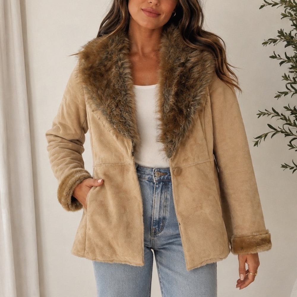 Vintage Tan Suede Leather Faux Fur Trim Penny Lane Coat Large st johns bay boho